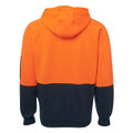 Safety orange and navy two-tone hi vis fleece hoody jacket shown from back with hood up and colour block panel design