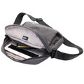 Grey marl crossbody shoulder bag open showing RFID-lined interior with card slots, tablet and document compartments