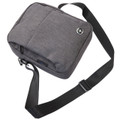 Charcoal grey crossbody shoulder bag with adjustable black strap and front organizational compartments