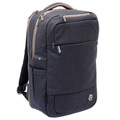 Charcoal grey laptop backpack with tan contrast handles and multiple zippered compartments