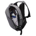 Charcoal grey backpack with black straps shown open displaying internal compartments and organised storage pockets