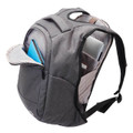 Charcoal grey heather anti-theft backpack with open compartments revealing laptop sleeve, tablet pocket and organiser panels