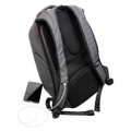 Grey anti-theft backpack with black padded back panel, adjustable straps, and external USB charging cable