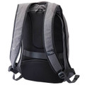 Grey and black anti-theft backpack showing rear padded shoulder straps and multiple zippered compartments