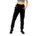 Black fleece jogger trackpants with high waistband and side pockets, elasticated cuffs