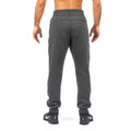 Charcoal grey fleece jogger trackpants with elasticated waistband and cuffed ankles, rear view