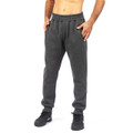 Charcoal grey fleece joggers with elasticated waistband and cuffed ankles on male model