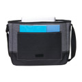 Black and charcoal grey canvas messenger bag with large front pocket and adjustable shoulder strap