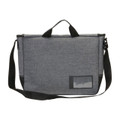 Charcoal grey canvas-style laptop satchel with black handles, adjustable shoulder strap, and front ID window pocket