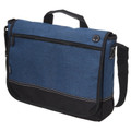 Navy blue and black canvas laptop satchel with zippered front pocket and adjustable shoulder strap