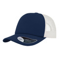 Navy front panel trucker cap with white mesh back and curved peak featuring colour contrast design