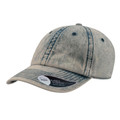 Washed denim-style baseball cap with faded grey-blue tones and visible contrast stitching detail