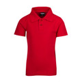 Red short sleeve pique polo shirt with flat knit collar and button placket