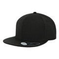 Black flat peak snapback cap with structured six-panel crown and matching visor ideal for embroidery