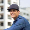 Charcoal grey structured snapback cap with black contrast flat brim and mesh back panels