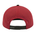 Back view of red and black structured snapback cap with perforated panels and black snap closure