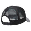 Rear view of heather grey and black mesh trucker cap with snapback closure