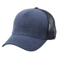 Heathered navy blue mesh trucker cap with structured front panels and curved brim