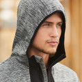 Charcoal grey marle hooded jacket with black inner hood lining and contrast zipper detail