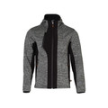 Heather grey laminated fleece knit jacket with black panels, full-length zip, hood, and orange zipper pulls