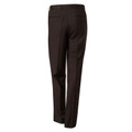 Chocolate brown dress pants with rear welt pockets and center crease, shown from back angle