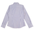 Women's business shirt in purple and white vertical stripes with collar and long sleeves, back view