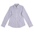 Purple and white vertical striped long sleeve shirt with collar and button front closure