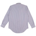 Navy and white vertical striped long sleeve business shirt with curved hem, back view