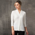 White three-quarter sleeve knit top with V-neckline and relaxed drape front panel