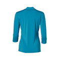 Turquoise stretch knit top with three-quarter sleeves and mock neckline, rear view showing smooth flat back panel