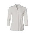 White stretch knit top with three-quarter sleeves and V-neckline featuring concealed front placket