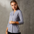 Lavender grey stretch knit top with mandarin collar and centre zip front closure