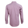 Back view of men's long sleeve shirt in pink and teal mini gingham check with button cuffs