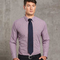 Man wearing a red and blue mini gingham check long sleeve shirt with button-down collar and chest pocket