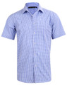 Blue and white check short sleeve business shirt with button-down collar and front pocket