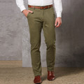 Olive green slim fit stretch chino pants with front pockets and belt loops
