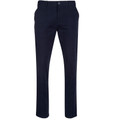 Navy slim fit men's chino pants with flat front, side pockets and button waistband detail