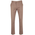 Taupe slim fit chino pants with button closure and front pockets on white background