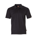 Black polo shirt with collar and button placket, featuring shoulder panel stitching detail