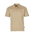 Sand coloured polo shirt with ribbed shoulder panels and white button placket
