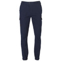 Navy blue men's stretch cargo work pants with side cargo pockets and elasticated cuffed ankles