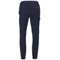 Navy stretch cargo work pants with multiple pockets and adjustable ankle cuffs, rear view