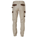 Sand stretch cargo work pants rear view with chocolate brown pocket trims and side cargo pockets