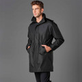 Black longline jacket with hood, front pockets and water-resistant shell fabric