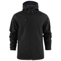 Black softshell jacket with quilted chevron front panel, full zip closure, and adjustable hood with drawcords