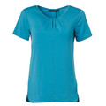 Teal short sleeve women's top with front pleat detail at scoop neckline and contrast woven front panel