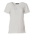 White short sleeve top with gathered pleats at neckline for a feminine silhouette