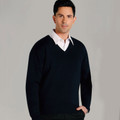 Man wearing a navy v-neck knit jumper layered over a white collared shirt, clean smooth panels