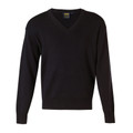 Black long-sleeved v-neck knit jumper with ribbed cuffs and hem on white background