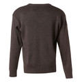 Charcoal grey v-neck knit jumper with long sleeves and ribbed cuffs shown from back angle